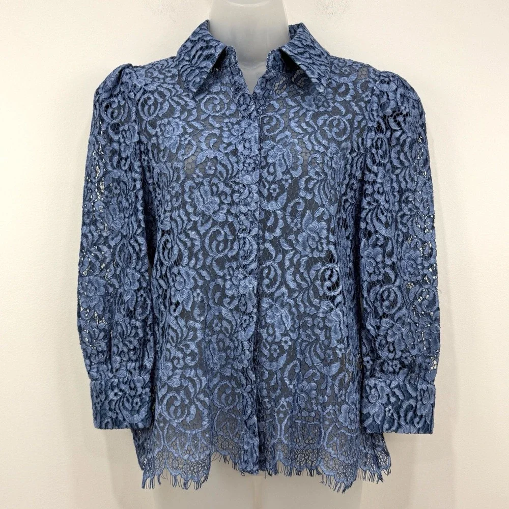L'Agence Andrea Lace Button Front Blouse S Blue Sheer Feminine Dainty